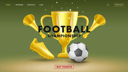 Web banner with fottball tournament 3d golden attributes like ball, golden boot and horn, first place cupのイラスト素材