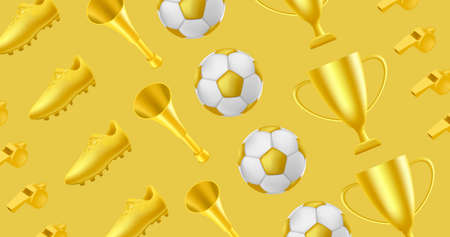 Golden soccer or football pattern with golden boot, horn and trophy cup and ball and whistle, best tournament award and fan attributesのイラスト素材