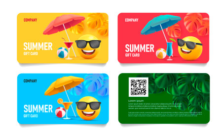 Summer sale card set with 3d smile in sunglasses under sun umbrella with tropical leaves and cocktails and beach volleyball ball, front and back layout templateの写真素材