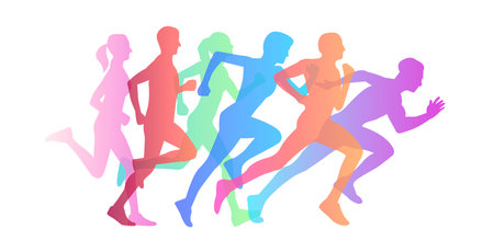 Graphic composition of people running maraphone, gradient silhouettes from jogging to speed runのイラスト素材