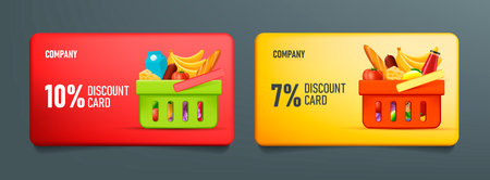 Set of card template for grocery store loyalty program with full basket of food and drinks from supermarketのイラスト素材