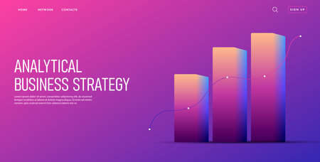 website banner with 3d isometric bar chart with line graph of growth, web interface elements and title on purple backgroundのイラスト素材