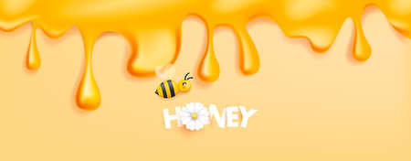 Honey syrup flowing from the top of the screen, bee illustration icon and honey text made of sticky paper with 3d white flower instead of o letterの写真素材