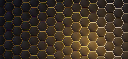 Dark realistic 3d texture of hexagon or honeycom, golden structure on black backdrop with light flare accentのイラスト素材