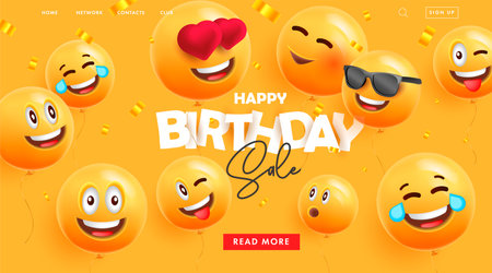 Birthday web banner for landing page promo with festive 3d round balloons with happy smiling faces expressions and confettiのイラスト素材