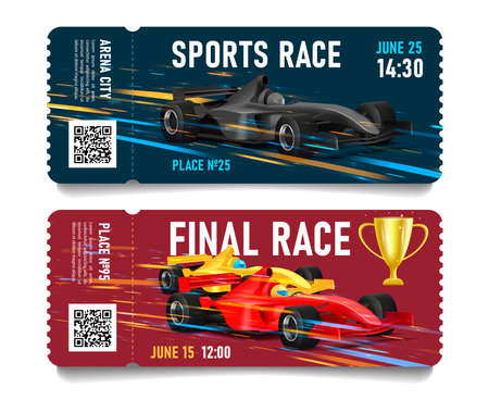 Race championship ticket with sport car illustration moving on high speed, with snap-out part and QR...