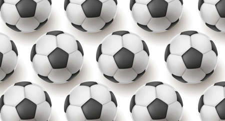 Heap of classic black and white soccer balls forming texture, realistic 3d backdrop with balls illustrative pattern, top view with shadowのイラスト素材