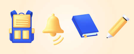 3d illustration icons for back to school poster with modern render like elements, backpackand bell,...