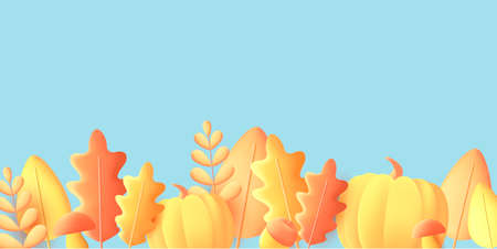Autumn 3d graphic elements, render modern graphic illustration of leaves, pumpking and acorn in yellow colors on blue backdropのイラスト素材