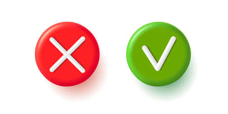 Tick and cross 3d icons, approve and decline signs red and green colorsのイラスト素材