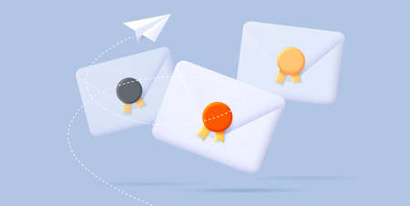 3d illustration of envelops with stamps and paper planeのイラスト素材