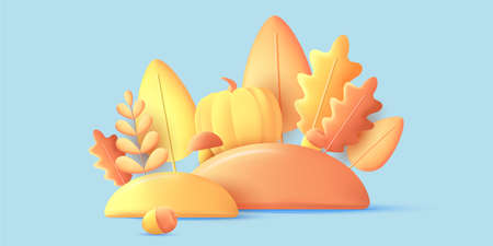 Autumn composition of 3d graphic elements, render modern graphic illustration of leaves, pumpkin and acorn in yellow colors on blue backdropのイラスト素材