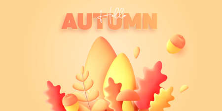 Autumn 3d graphic elements, render modern graphic illustration of leaves, pumpking and acorn in yellow colors on blue backdropのイラスト素材