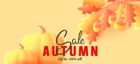Oak tree branch with leaves and acorns with pumpking, 3d render illustration, sale promo banner templateのイラスト素材