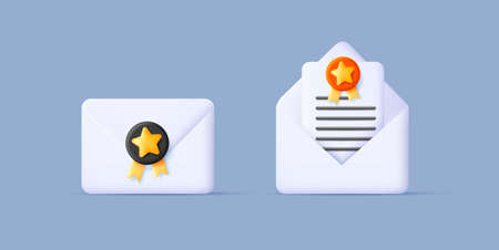 3d render illustration of envelop with stamp and open with letter, digital web icon styleのイラスト素材