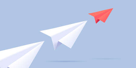 Paper plane illustration of three planes moving forward in one line creating direction, red plane in headのイラスト素材