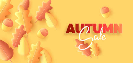 Autumn sale season poster with fall leaves 3d illustration composition and acorns with typography signのイラスト素材