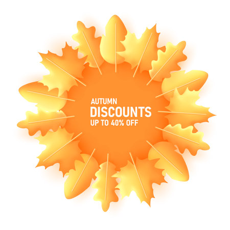Autumn discount graphic element, yellow circle with promo inside and 3d autumn leaves around creating sun shapeのイラスト素材