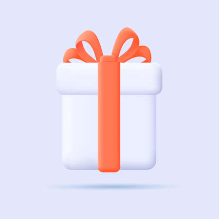 3d illustration of white gift box with red ribbon and bow, isolated soft redner style iconのイラスト素材