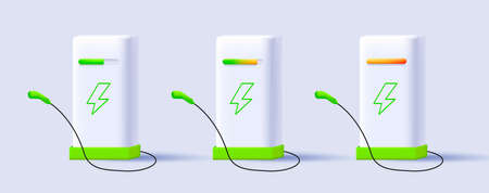 Set of electro station equipment, white 3d render illustration of auto charging with plug and socket, digital icon render styleのイラスト素材