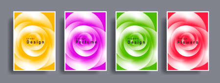 Set of gentle flower aroma posters with abstract rose blossom creating light white shape on bright backdropsのイラスト素材