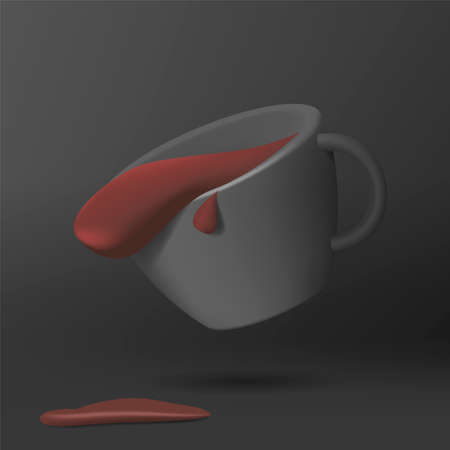 3d render illustration of coffee cup with coffee spilling, conceptual composition of dark shape in dark backgroundのイラスト素材