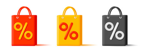 Set of 3d shopping bags with big percent sign in three colors, isolated modern vertorのイラスト素材