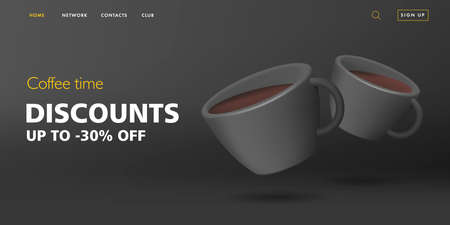 web banner for cafe with black cups with coffee 3d render illustration and discounts promo, espresso...