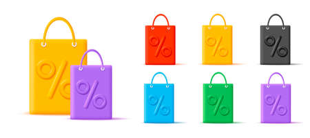 Set of 3d shopping bags with convex big percent sign, colorful plastic mono chrome objects, isolatedのイラスト素材
