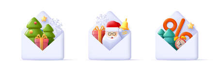 Set of Christmas digital greetings, set of illustrations with 3d open envelope with christmas stuff inside, isolated iconsのイラスト素材