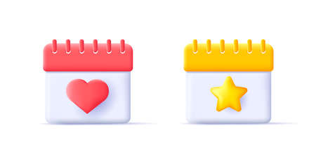 3d calendar icons with heart and star shapes in red and yellow colors, render graphic style, isolatedのイラスト素材