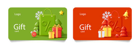 Set of gift certificate with 3d render composition illustration of big shopping bag with percent sign and Christmas attributes around it, isolatedのイラスト素材