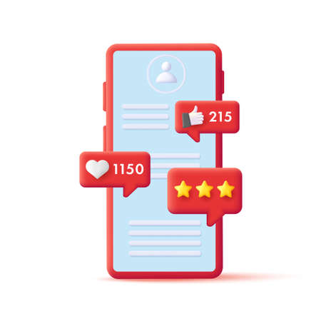 3d render illustration of a red smartphone with profile page and push notifications about likes and raiting of stars, isolatedのイラスト素材