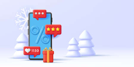 Smartphone 3d render illustration with percent sign and push notifications with likes, gift box and...