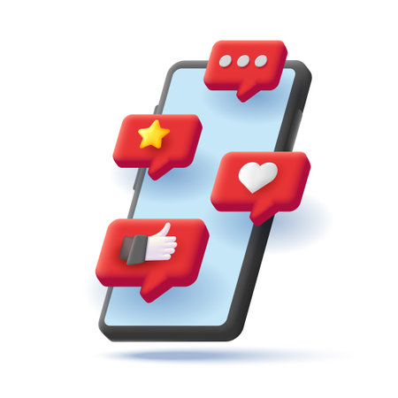 3d render isometric illustration of a red smartphone with push notifications of likes, stars and messages on blue screen, isolated modern graphicのイラスト素材