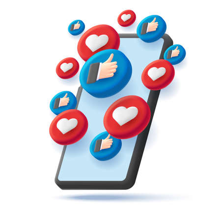 3d illustration of a smartphone with likes as hearts and hands with thumb up in volume circles ismetric render graphic, isolatedのイラスト素材