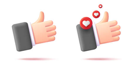 3d illustration of a businessman heand with thumb up and hearts in red circlesm isolated iconのイラスト素材
