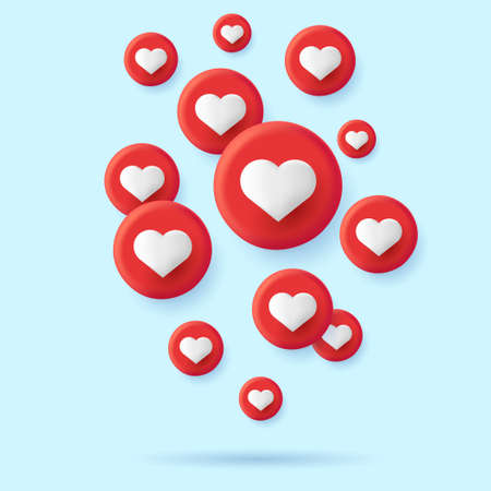 Social media likes in shape of red circles with hearts inside forming cloud flying to the top, 3d render ilustration on blue backdropのイラスト素材