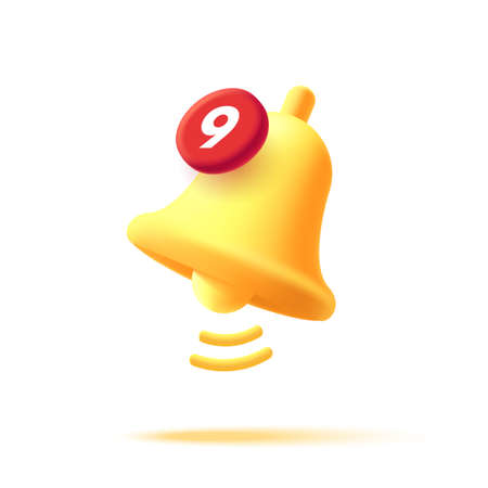3d icon render style of bell with notification red bubble with number, isolated