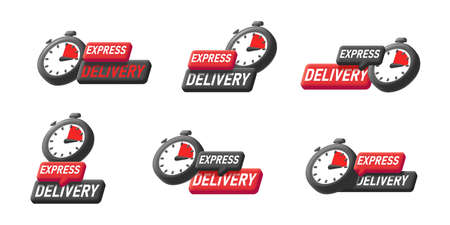 Stopwatch logo with label text, express fast delivery tag, 3d black and red graphic, vector set of graphic elements, isolatedのイラスト素材