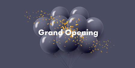 Illustration of bunch of round air balloons with golden confetti, mono chrome dark grey luxury...
