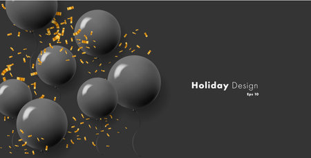 Black background with round black air balloons flying up with golden confetti, modern style luxury premium backdropのイラスト素材