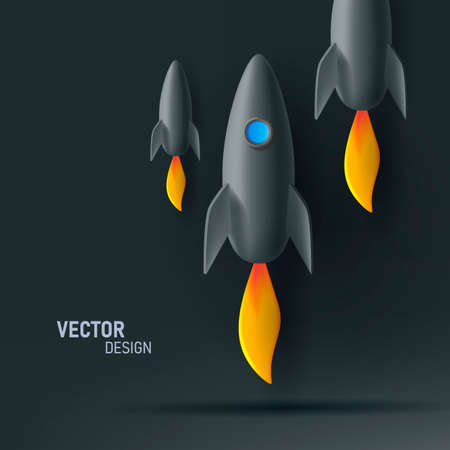 3d render illustration of reocket flying up with flame and illuminator on balck backdropのイラスト素材