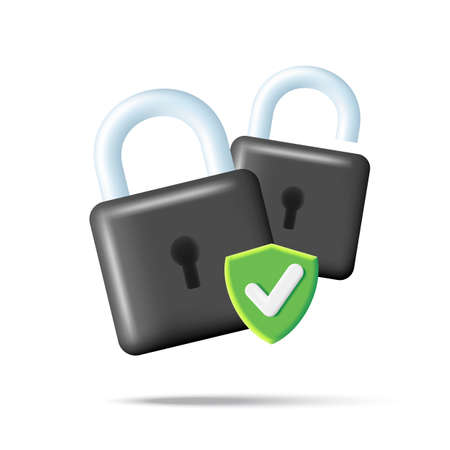 Security lock with shield 3d icon. Protection, safety, password security vector illustration. Concept of internet privacy cyber protection or antivirus. Cybersecurity and information network protection, isoltaedのイラスト素材