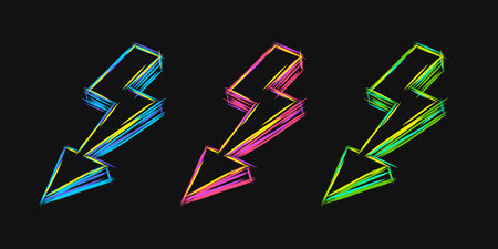 Lightning bolt neon line sketck illustration set in different colorsのイラスト素材