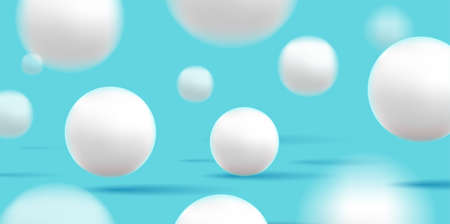 Falling white soft spheres on blue background, abstract 3d shapes jumping in space, dynamic...