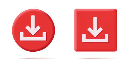 Set of download icon button on round and square shapes with down pointing arrow, 3d volume element, isolatedのイラスト素材