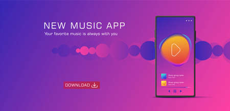 Music streaming mobile app design. Generic and fictional user interface on a smartphone display, promo banner for the application in purple colorsのイラスト素材