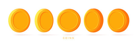 Gold coins in different shapes in perspective. 3d vector coins with blank space for your currencyのイラスト素材