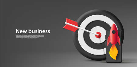 Banner with 3d render illustration of a target board with arrow in the center and smartphone with rocket flying up. New businees composition conceptのイラスト素材